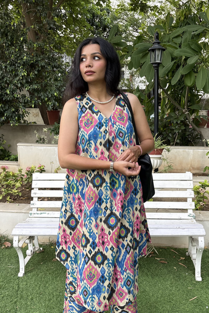 Multicolour Ikkat Print Sleeveless Kurta with Matching Pants