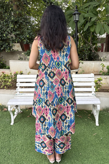 Multicolour Ikkat Print Sleeveless Kurta with Matching Pants