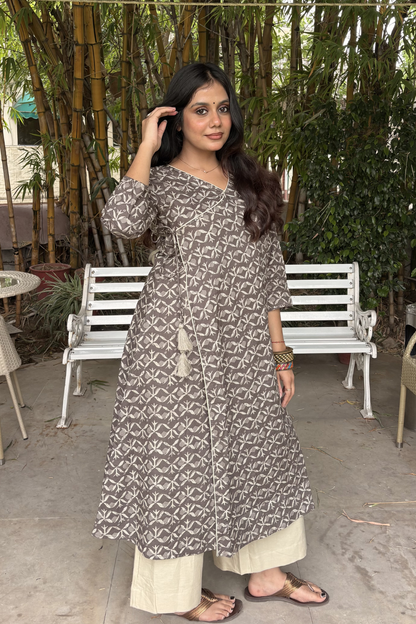 Smokey Brown Cotton Angrakha Kurti with Beige Palazzo Set.