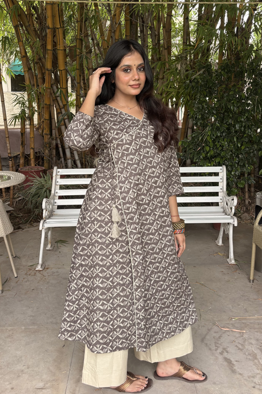 Smokey Brown Cotton Angrakha Kurti with Beige Palazzo Set.