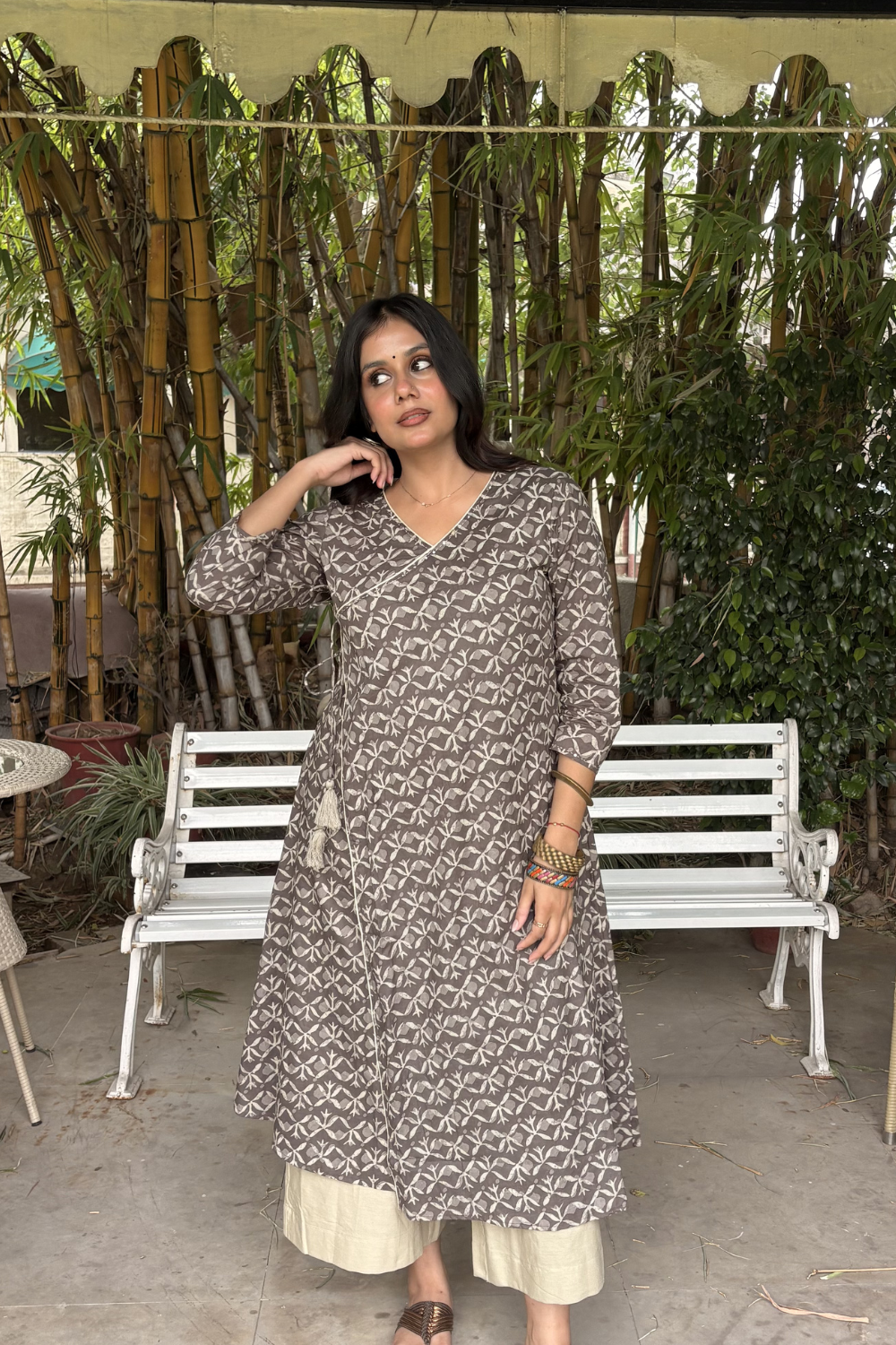 Smokey Brown Cotton Angrakha Kurti with Beige Palazzo Set.