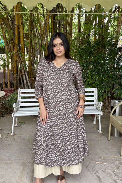 Smokey Brown Cotton Angrakha Kurti with Beige Palazzo Set.