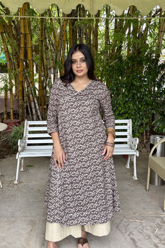 Smokey Brown Cotton Angrakha Kurti with Beige Palazzo Set.