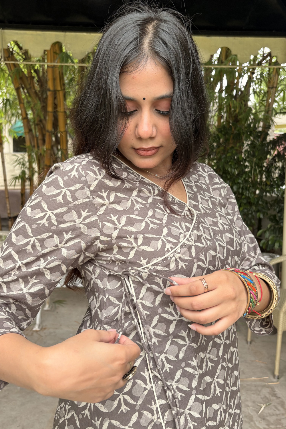 Smokey Brown Cotton Angrakha Kurti with Beige Palazzo Set.